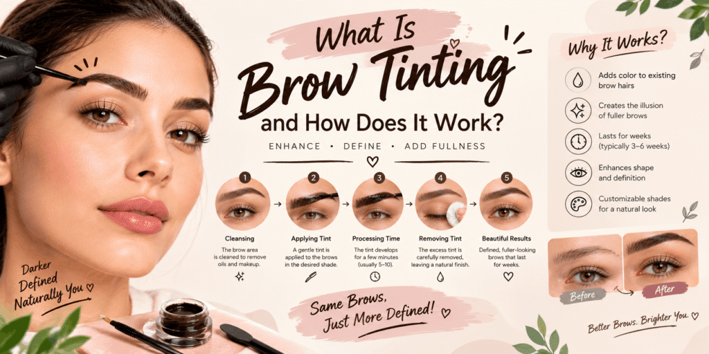 Brow tinting explained, including how eyebrow tint enhances natural brow color, creates a fuller-looking appearance, and improves brow definition.