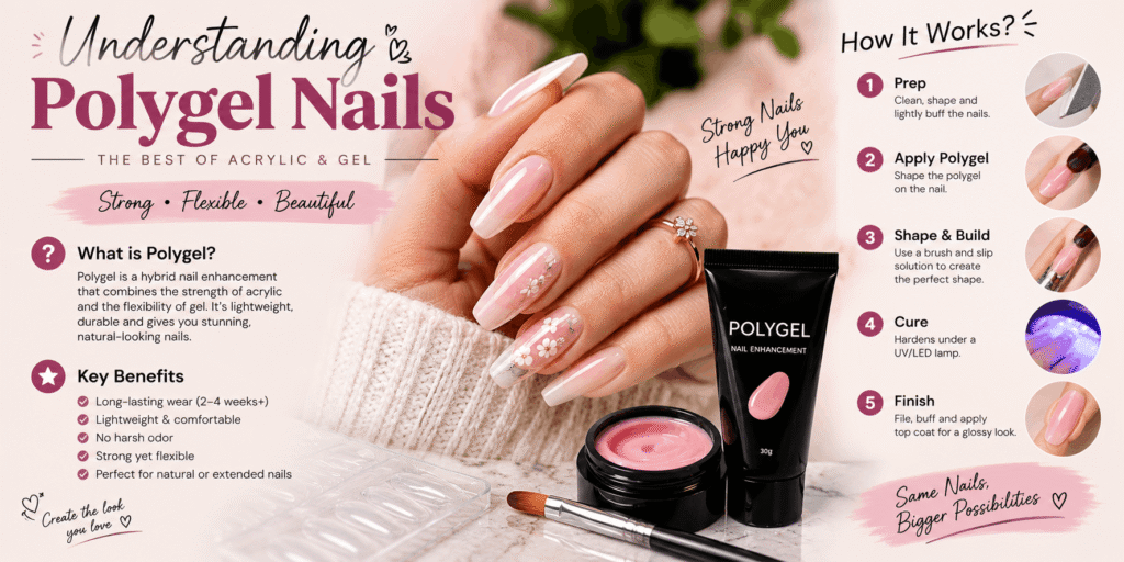 Educational infographic explaining polygel nails, showing pink polygel manicure, application steps, nail brush, polygel tube, and UV LED lamp.