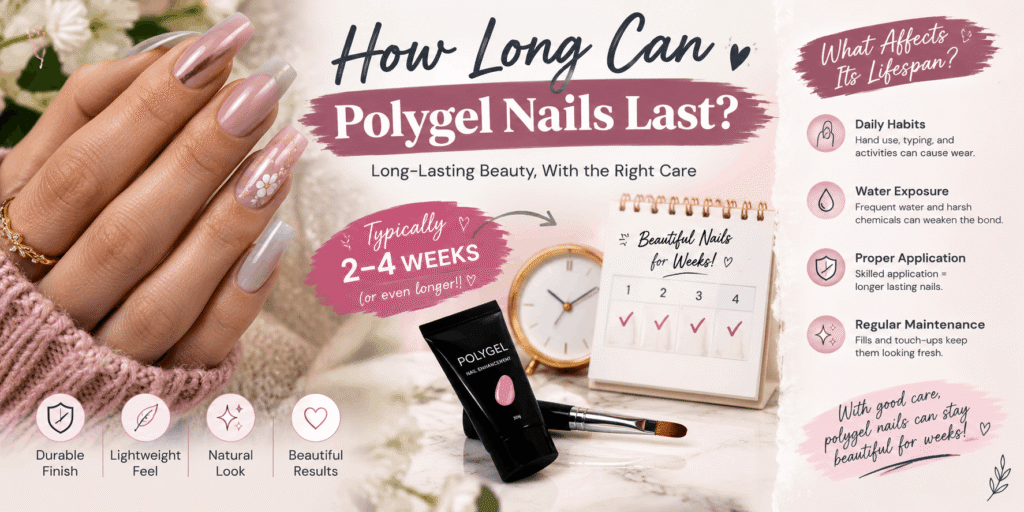 Infographic showing how long polygel nails last, with glossy pink nails, a calendar, clock, polygel products, and nail care tips.