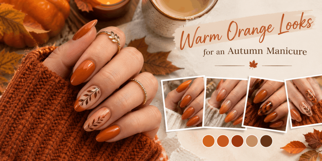 Autumn-inspired orange manicure featuring burnt orange, terracotta, nude, and brown almond nails with delicate leaf art and gold accents.