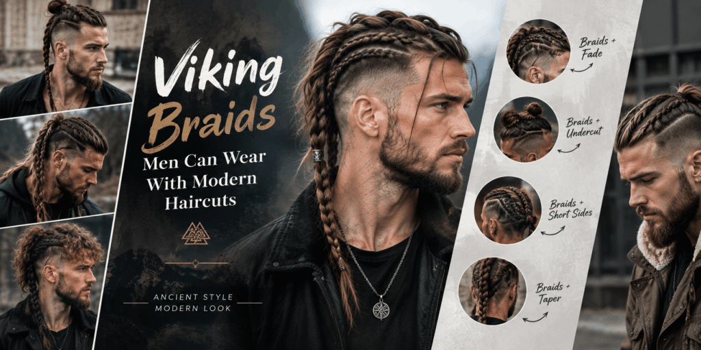 Modern men’s hairstyles combining Viking-inspired braids with fades, undercuts, tapers, short sides, and long textured hair.