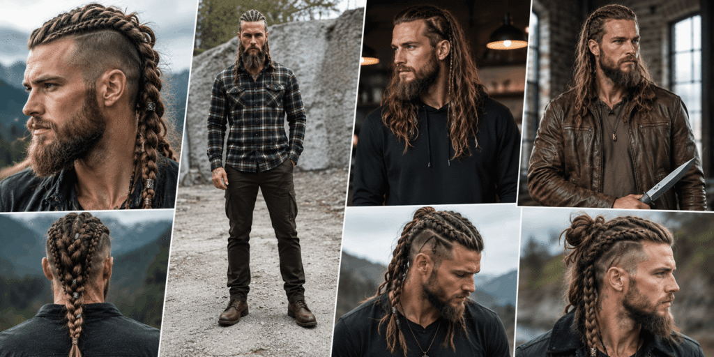 Realistic collage of men wearing different Viking-inspired braided hairstyles, including long single braids, multiple braids, braided undercuts, and tied-back styles.