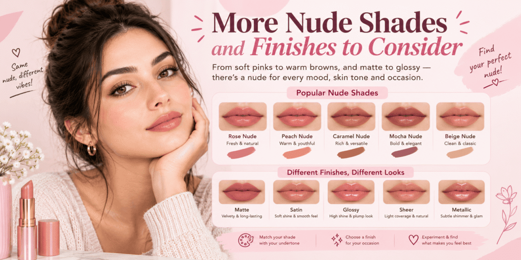 Nude lipstick shades and finishes infographic featuring a woman with natural makeup, five nude lipstick colors including rose, peach, caramel, mocha, and beige, plus matte, satin, glossy, sheer, and metallic finishes.