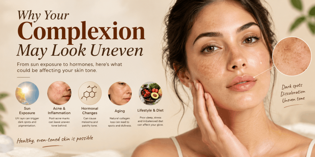 Skincare infographic explaining why complexion may look uneven, featuring a woman with visible facial pigmentation and common causes such as sun exposure, acne, hormonal changes, aging, and lifestyle factors.