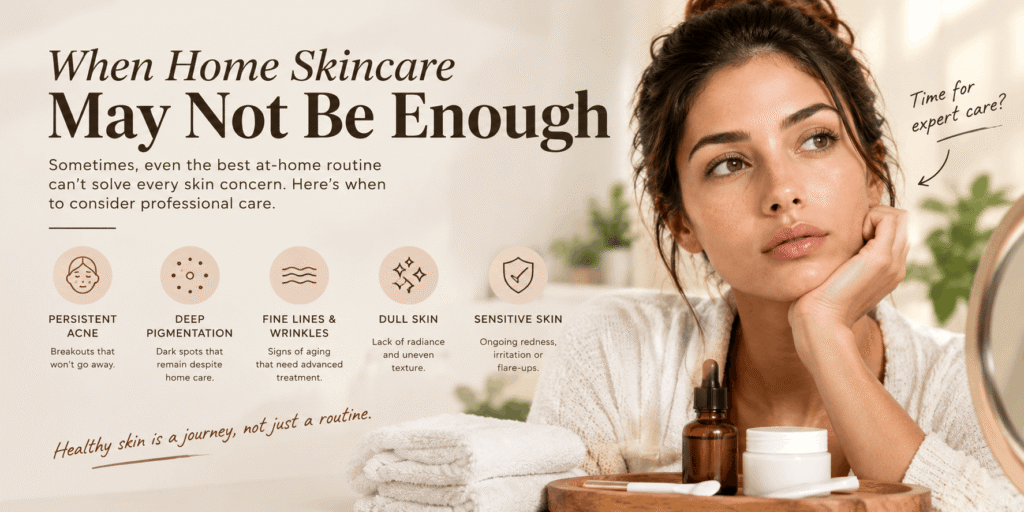 Skincare infographic explaining when home skincare may not be enough, featuring a woman with skincare products and common concerns including persistent acne, deep pigmentation, fine lines, dull skin, and sensitivity.
