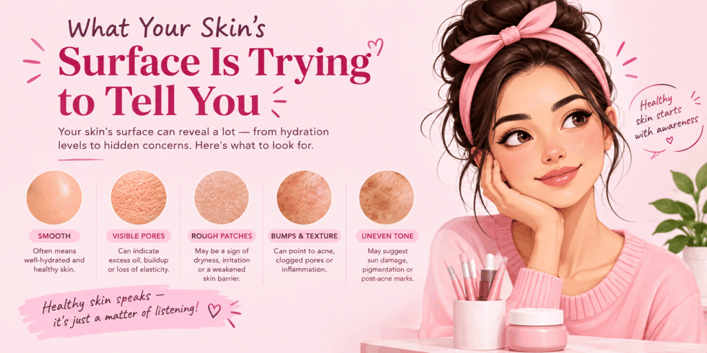 Pastel pink skincare infographic featuring an illustrated woman with a pink headband and five skin texture examples showing smooth skin, visible pores, rough patches, bumps, and uneven skin tone.