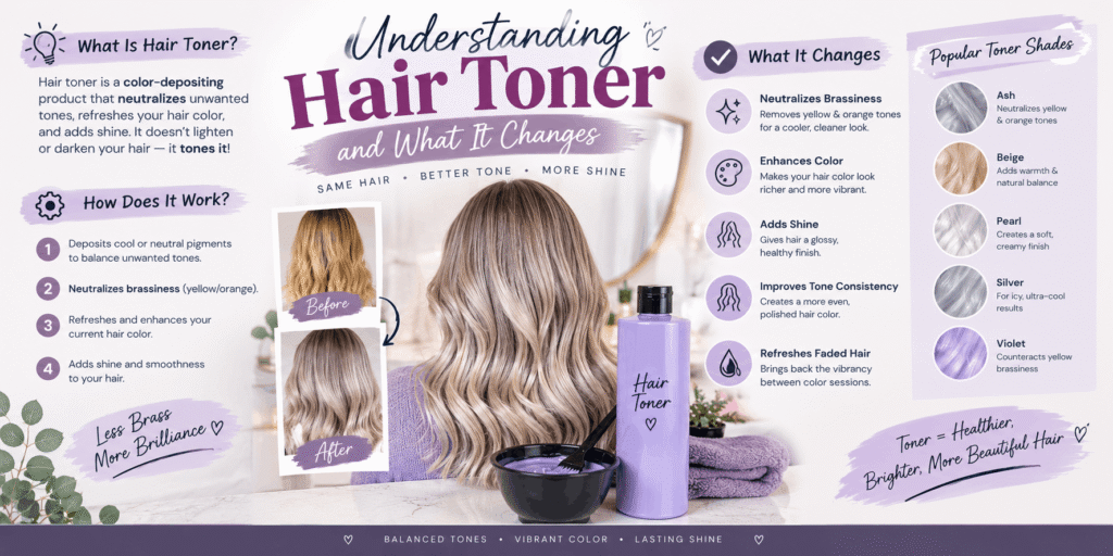 derstanding hair toner infographic showing blonde before-and-after results, ash-blonde hair, purple toner, application bowl, and different toner shades.