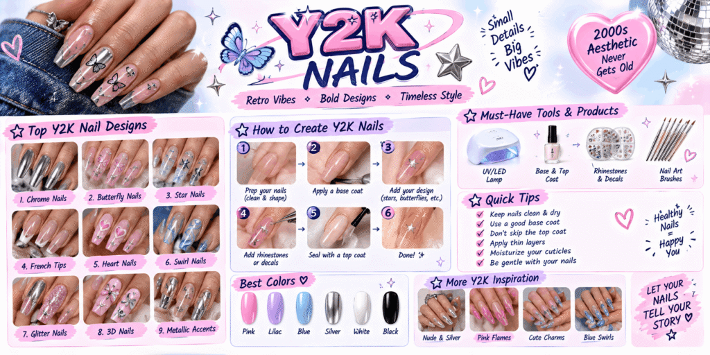 Y2K nails Pinterest infographic featuring nine retro nail designs, including chrome nails, butterfly art, star accents, French tips, heart nails, swirl patterns, glitter, 3D details, and metallic accents. Includes a step-by-step nail art guide, manicure tools, color inspiration, and nail-care tips in a pink, lavender, blue, and silver aesthetic.