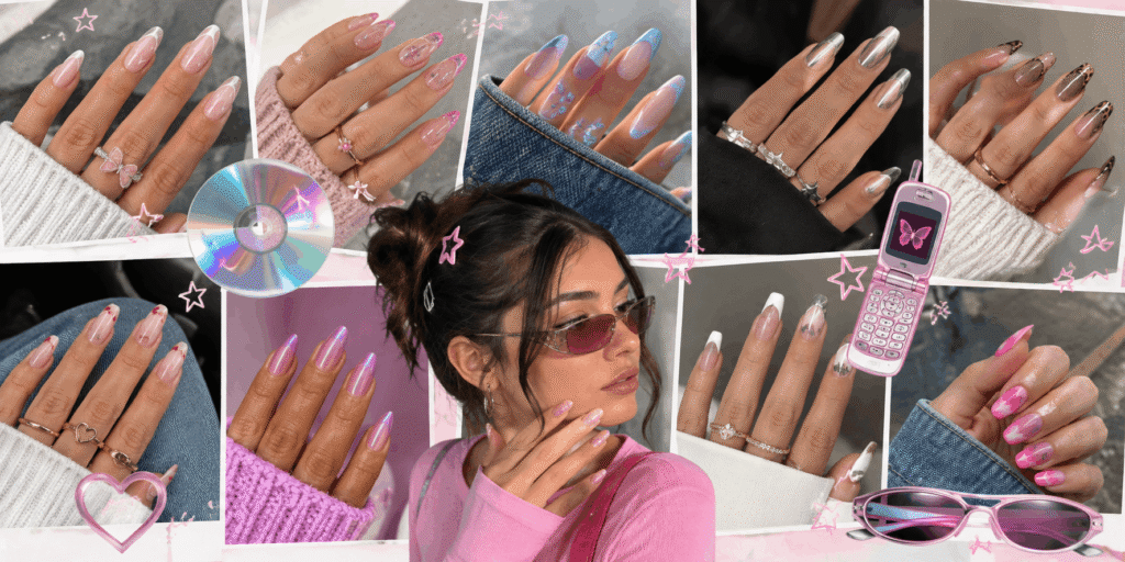 Y2K nail ideas featuring pink chrome, French tips, glitter, butterflies, stars, and retro-inspired designs