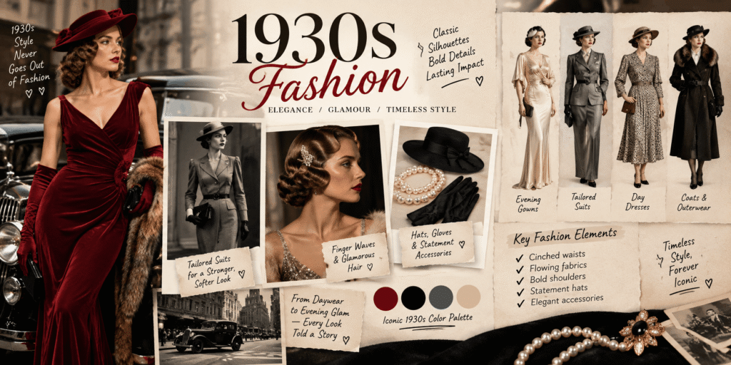 A vintage-inspired 1930s fashion collage featuring elegant evening gowns, tailored suits, day dresses, coats, statement hats, gloves, pearls and finger-wave hairstyles, with classic cars and a warm retro color palette.