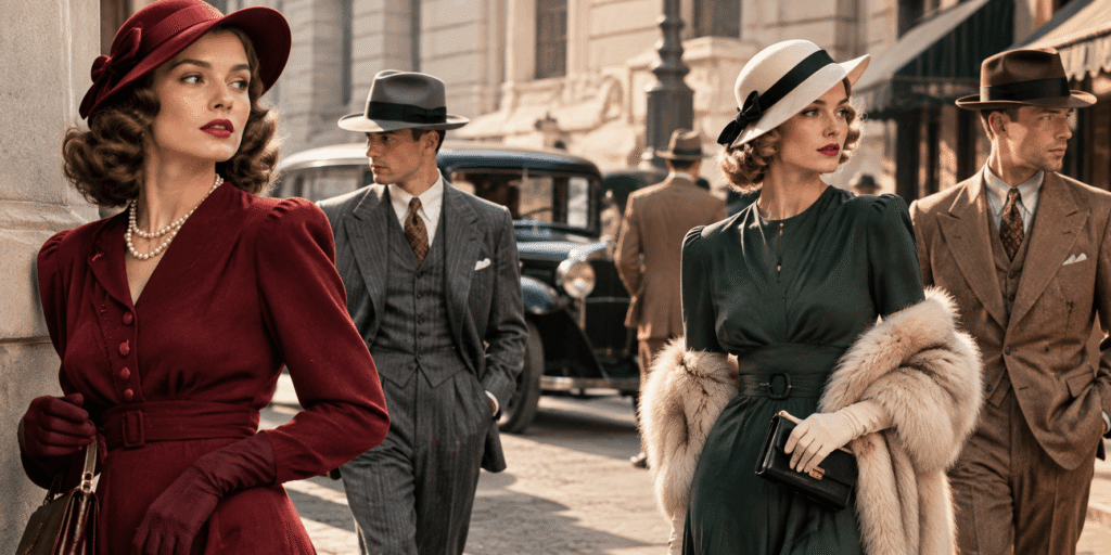 1930s fashion scene featuring vintage dresses, tailored suits, elegant hats, gloves, and classic accessories.