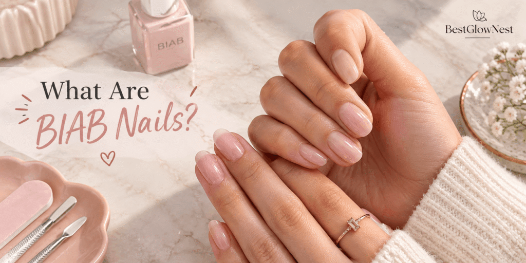 Glossy natural-looking BIAB nails with a sheer pink finish on hands in a luxury manicure setting