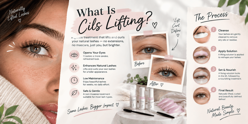 What Is Cils Lifting infographic showing natural lashes before and after a lash lift, lash lifting tools, treatment steps, and benefits.