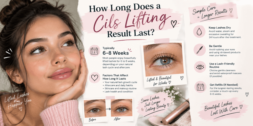 Cils lifting results infographic showing a woman with curled lashes, before-and-after lash lift, 6–8 week timeline, and lash aftercare tips.