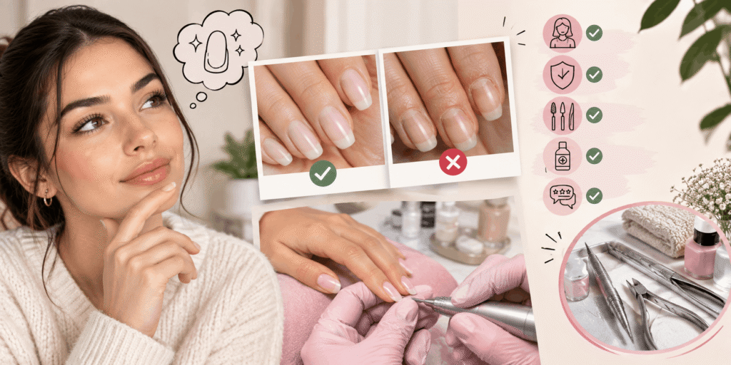 How to choose a Russian manicure safely, showing a client, professional nail technician, sanitized manicure tools, healthy nails, and salon safety checks.