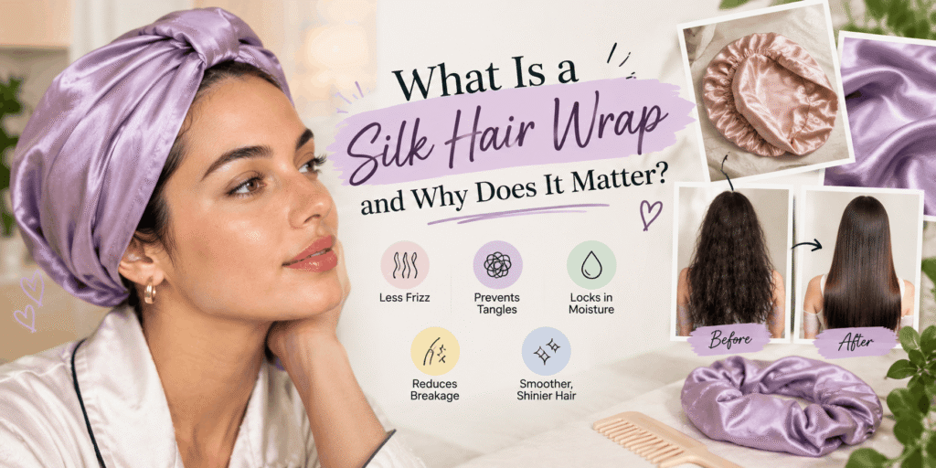What is a silk hair wrap infographic showing a woman wearing a lavender silk wrap, silk fabric close-up, hair before and after, and benefits of overnight hair wrapping.