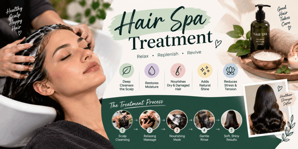 Hair spa treatment showing a woman receiving a scalp massage, nourishing hair mask, salon treatment steps, hair-care products, and smooth shiny hair results.