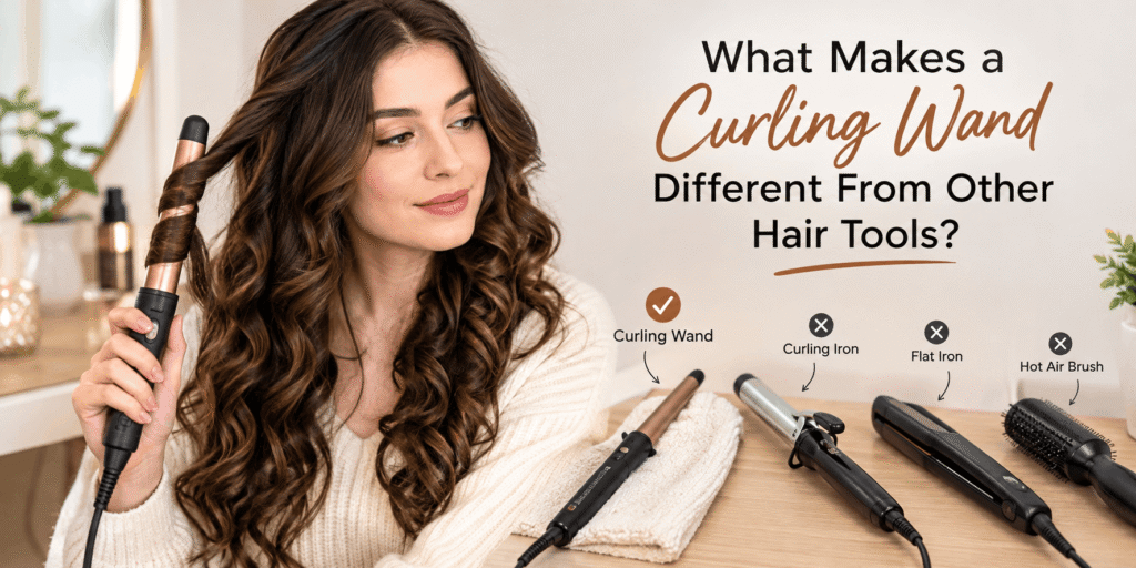 A woman styling her long, glossy brown curls with a curling wand beside a curling iron, flat iron, and hot air brush on a vanity table.