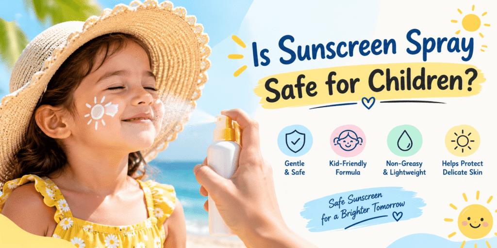 A young girl wearing a straw sun hat at the beach while an adult applies sunscreen spray, alongside an infographic about sunscreen safety for children.