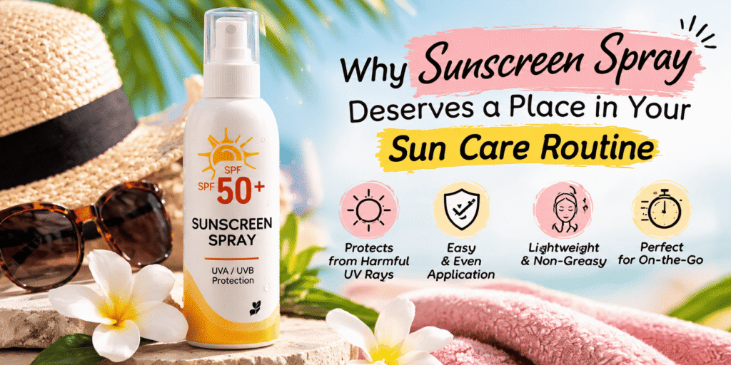 Sunscreen spray with SPF 50+, sunglasses, a straw hat, and tropical flowers in a bright summer skincare setting.