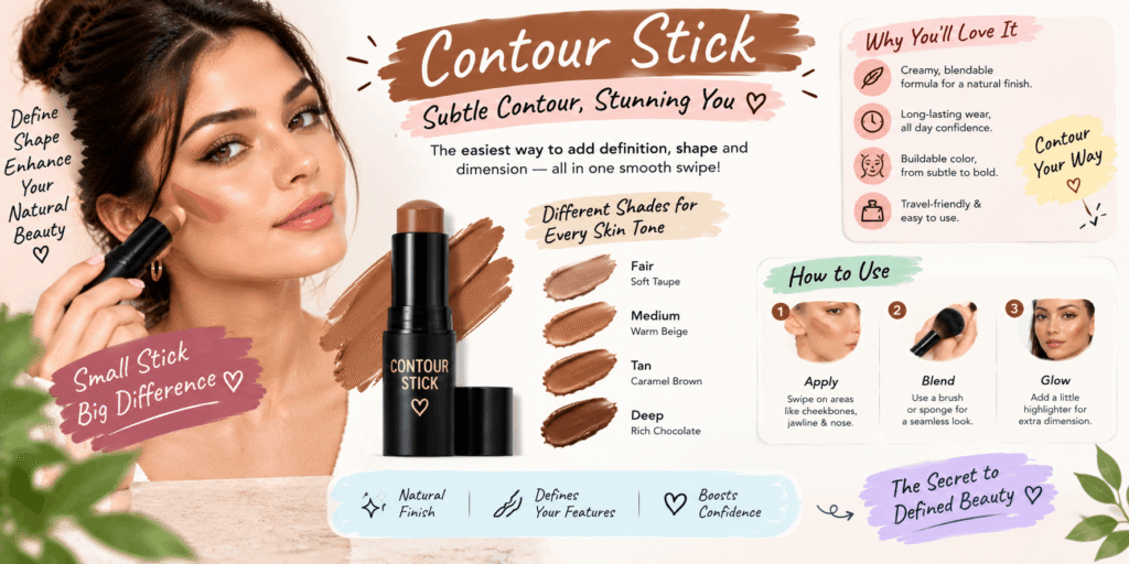 Contour stick makeup guide covering shade selection, contour application techniques, blending methods, and tips for achieving natural-looking facial definition.