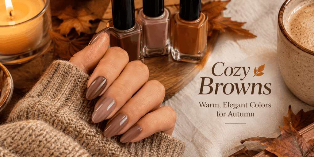 Cozy brown autumn nail designs featuring glossy chocolate brown and taupe almond-shaped nails, beige knitwear, and warm seasonal tones.