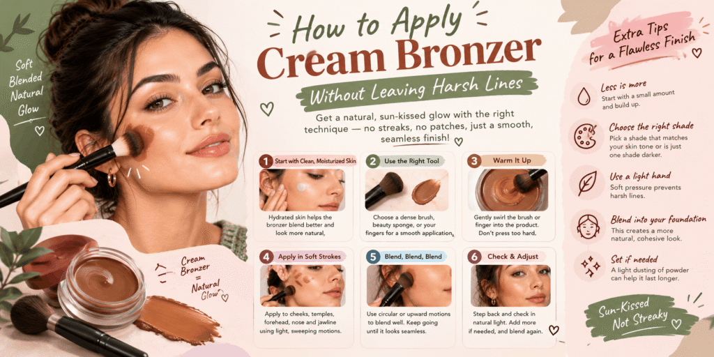 Cream bronzer makeup tutorial featuring a woman blending bronzer with a makeup brush, six application steps, a cream bronzer pot, and blending tips in a sage green, peach, and terracotta beauty infographic.