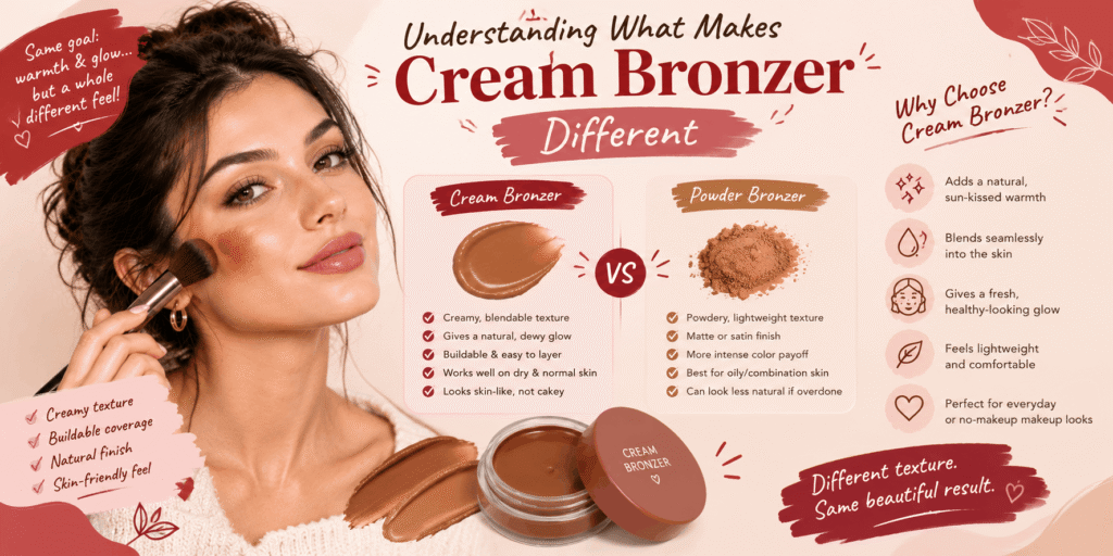 Cream bronzer versus powder bronzer infographic featuring a woman applying cream bronzer, creamy and powder product swatches, key differences in texture and finish, and a warm red and beige beauty layout.