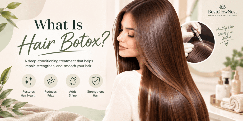 What is hair botox showing a woman with long, smooth, glossy brown hair