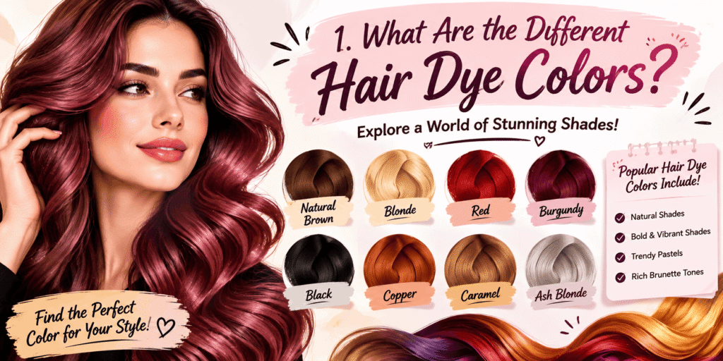 Hair dye colors guide covering natural brown, blonde, black, red, burgundy, copper, caramel, and ash blonde hair color options.