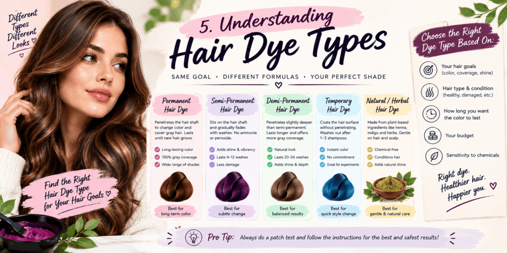 Hair dye types guide explaining permanent, semi-permanent, demi-permanent, temporary, and natural hair color options.