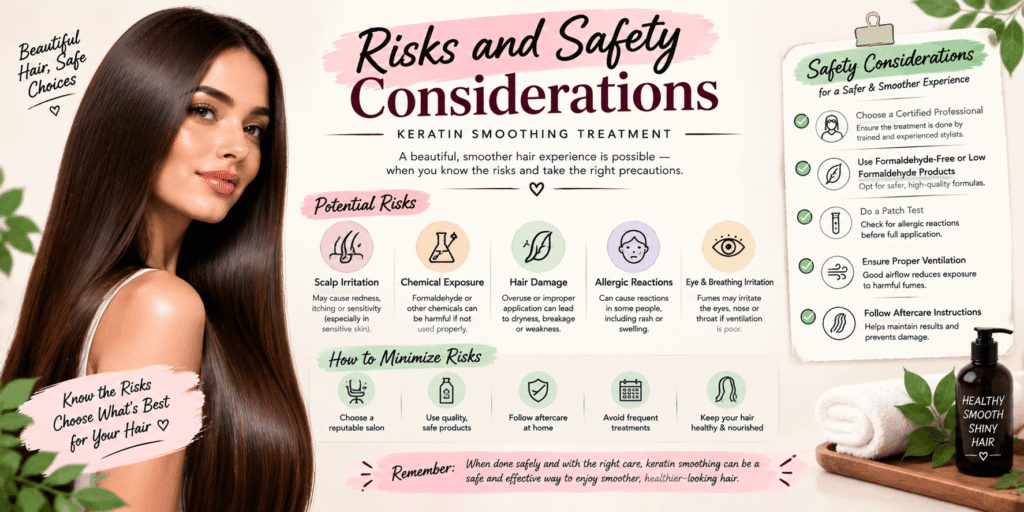 Keratin smoothing treatment risks, potential side effects, chemical exposure, scalp irritation, hair damage, and essential safety precautions.