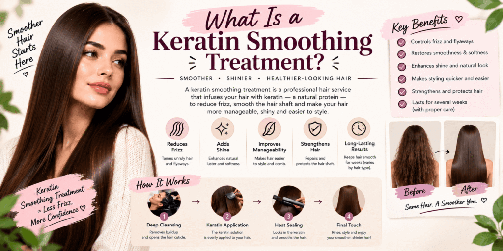 Keratin smoothing treatment for frizz reduction, smoother hair texture, enhanced shine, and improved hair manageability.