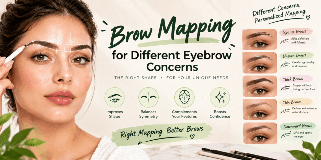Brow mapping techniques for addressing sparse, uneven, thick, thin, and downward-growing eyebrows while improving shape, symmetry, and facial balance.