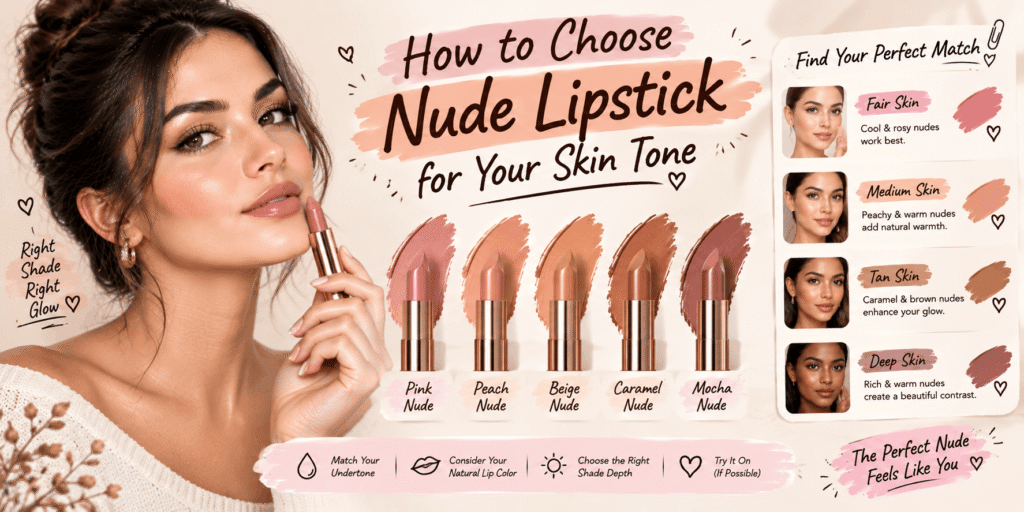 How to choose nude lipstick for your skin tone by considering undertones, natural lip color, shade depth, and complementary nude lipstick colors.