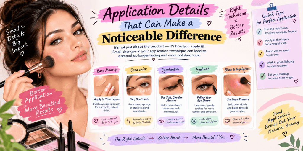 Makeup application techniques for achieving a smooth, natural-looking finish, including blending methods, product layering, precision, and long-lasting makeup tips.