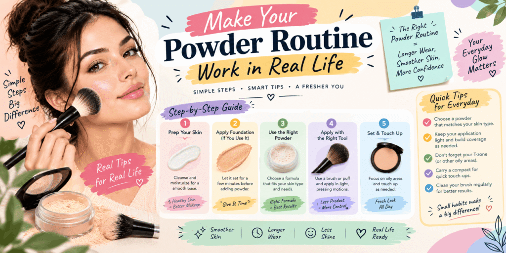 Practical guide to building an everyday face powder routine with tips for skin preparation, foundation, powder selection, application techniques, and makeup touch-ups.