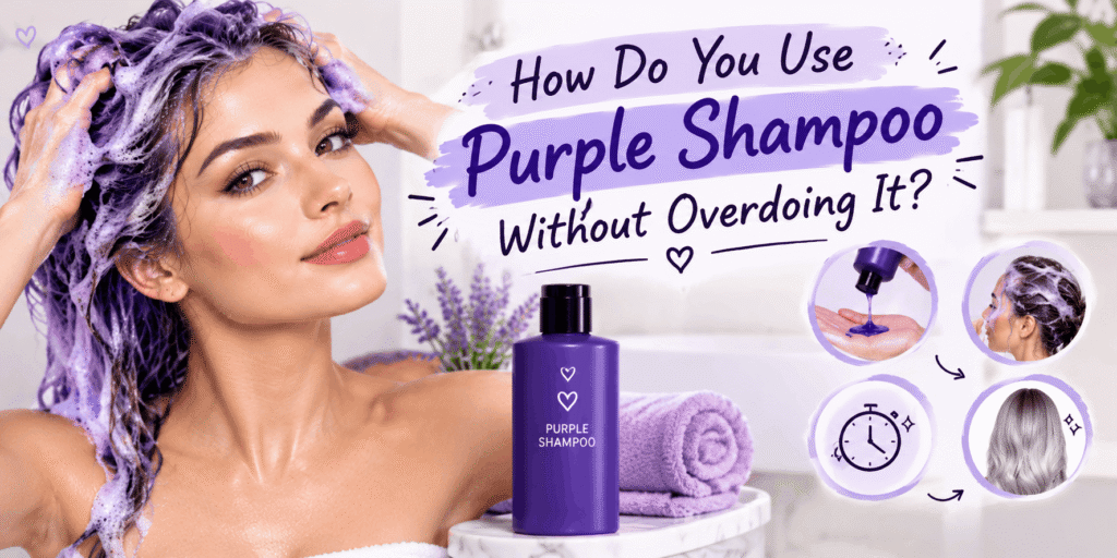How to use purple shampoo correctly, including application frequency, recommended timing, toning tips, and hair care practices for maintaining blonde and silver hair.