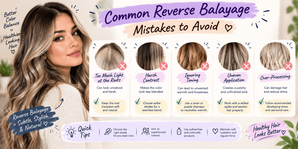 Common reverse balayage mistakes and prevention tips, including color contrast, root blending, toning, even application, and hair damage prevention.