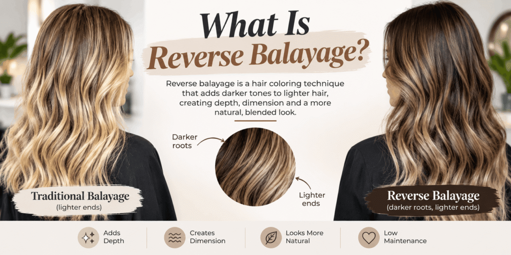 Reverse balayage hair coloring technique for adding depth, dimension, and a natural-looking color blend.