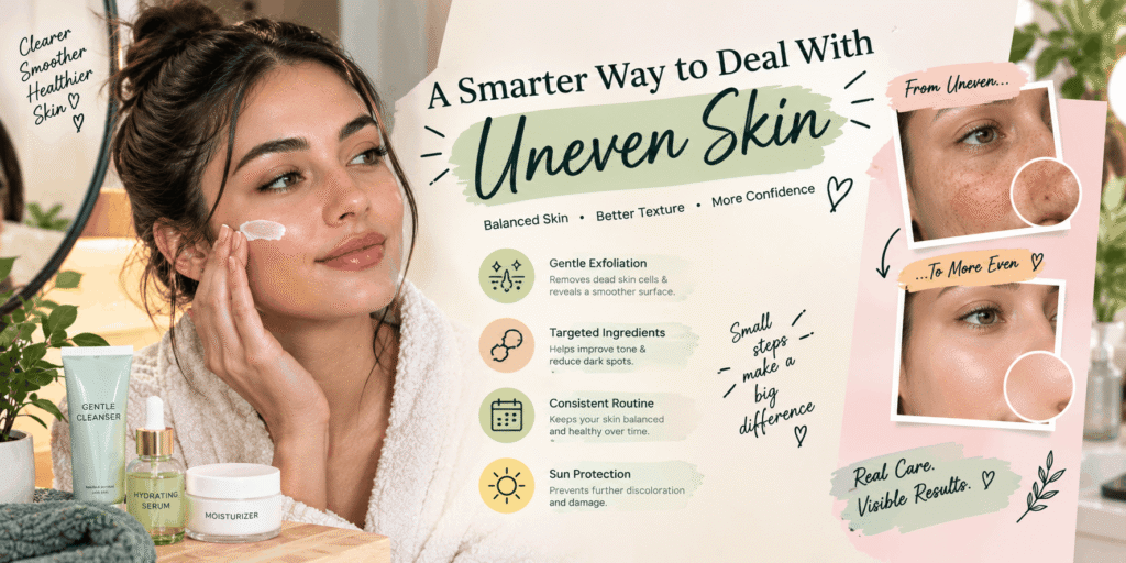 A woman applying facial moisturizer beside skincare products, with before-and-after skin texture images and tips for managing uneven skin tone.