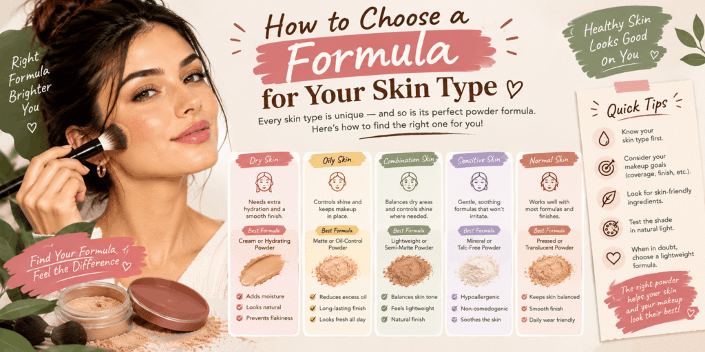 How to choose the right face powder formula for dry, oily, combination, sensitive, and normal skin types, with tips for selecting suitable coverage and finish.
