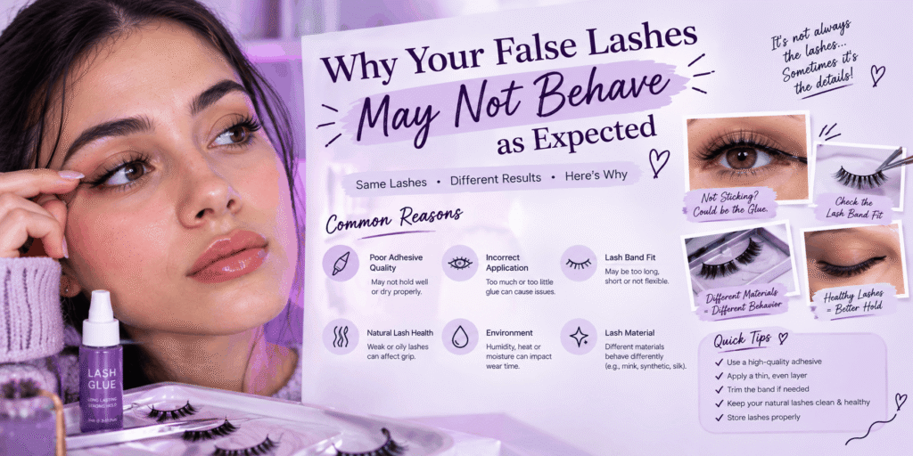 Purple-themed false lash infographic featuring a woman adjusting her eyelashes, lash glue, false lash strips, common application problems, and tips for better lash hold.