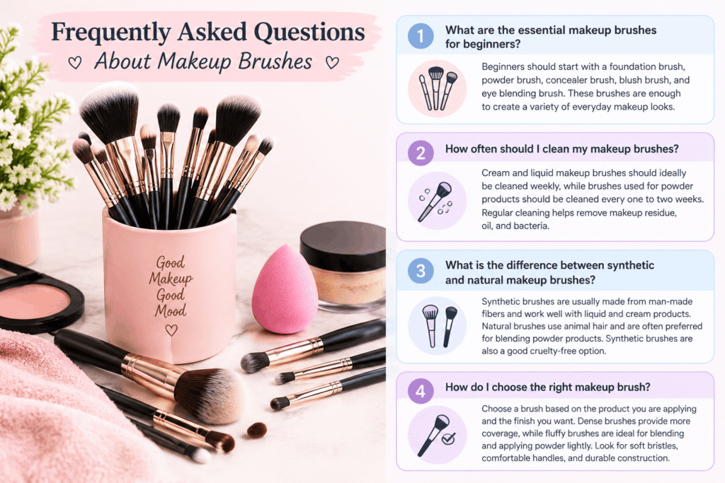 Frequently asked questions about makeup brushes, including essential brushes for beginners, cleaning tips, synthetic vs natural bristles, and choosing the right brush.