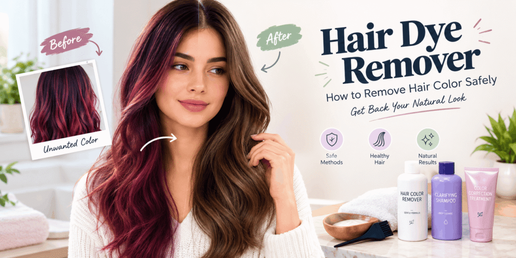 Hair dye remover guide showing burgundy dyed hair and natural brown hair transformation.