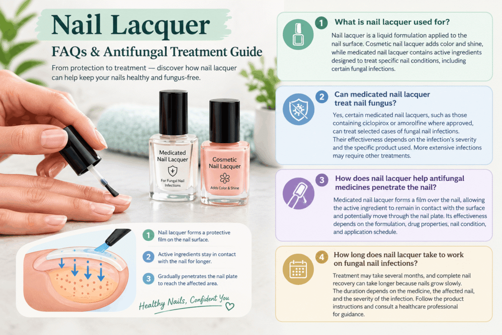 Nail lacquer infographic showing medicated and cosmetic nail lacquer, antifungal treatment for nail fungus, nail plate penetration, and treatment duration.