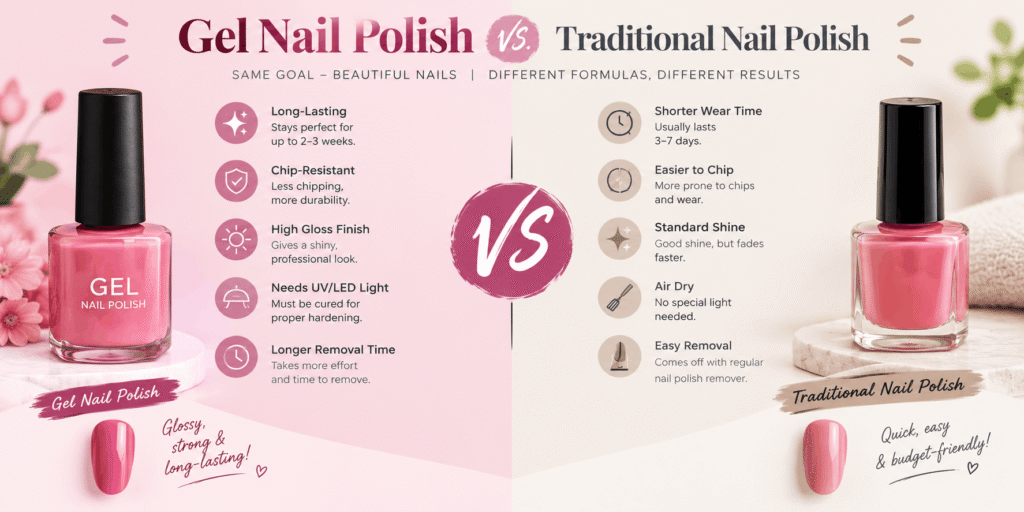 Gel nail polish vs traditional nail polish comparison showing pink polish bottles, long-lasting shine, durability, drying time, and removal differences.