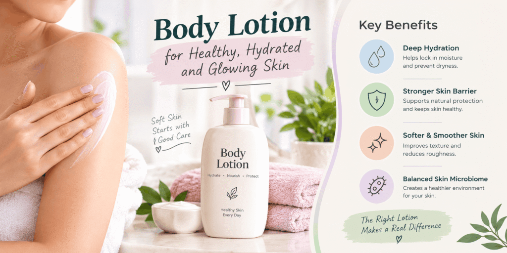 Woman applying body lotion to her shoulder beside a moisturizer bottle, with an infographic showing hydration, skin barrier support, and smoother skin.