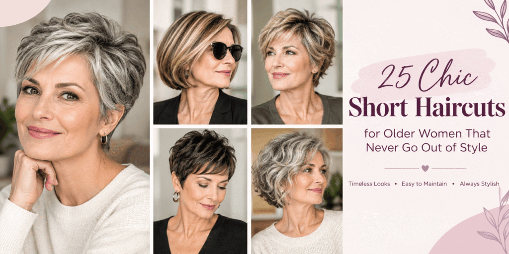 Five older women showcasing stylish short haircuts, including pixie cuts, layered bobs, and textured hairstyles.