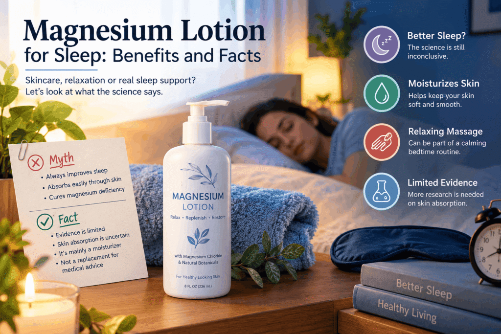 Magnesium lotion bottle beside a sleeping person, illustrating potential sleep benefits, skin moisturization, relaxing massage, and limited scientific evidence.